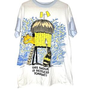 Garfield Night Shirt Pajama 1970s This Native Is Restless White Blue XL